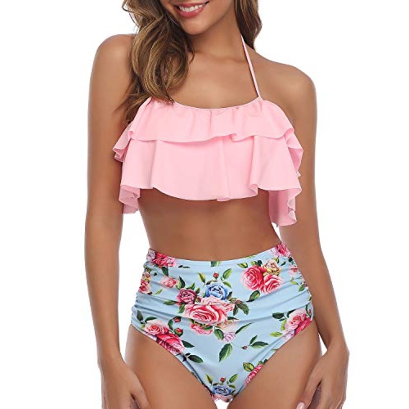 Feminine Tiered Ruffle Bikini Set Backless Halter Top For Juniors-Light Pink Floral