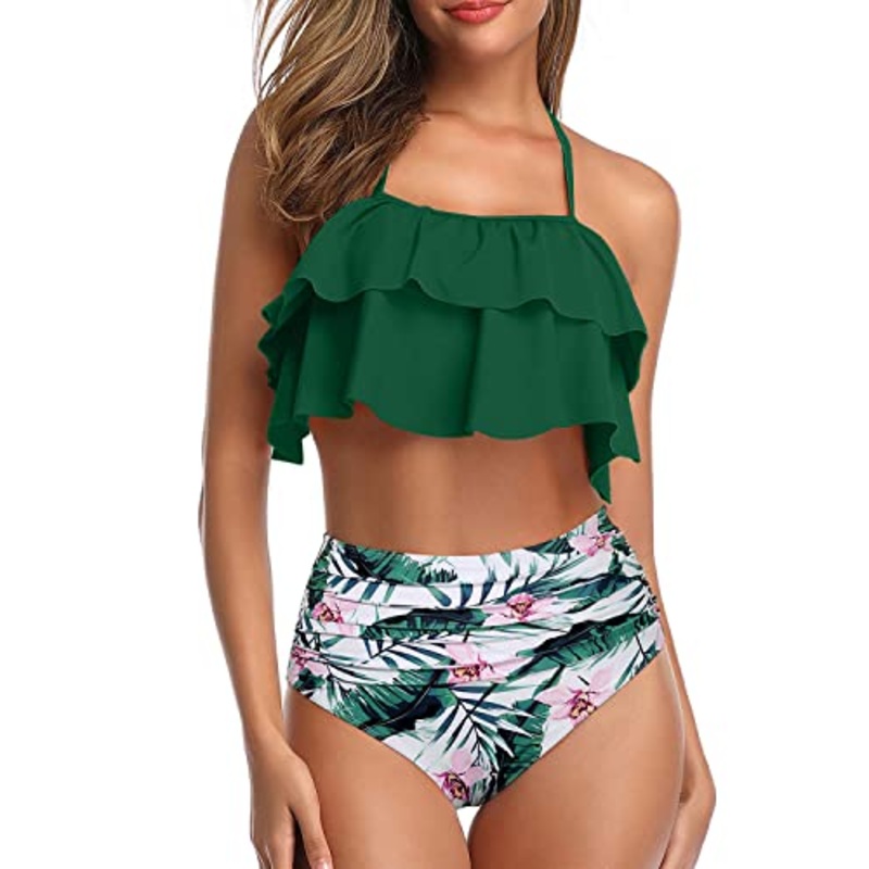 Feminine Tiered Ruffle Two Piece Swimsuit For Juniors And Teens-Green Tropical Floral