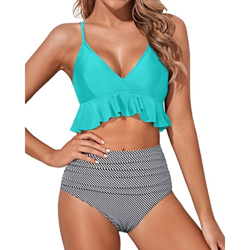Flattering Ruched Two Piece Swimsuits-Aqua Stripe
