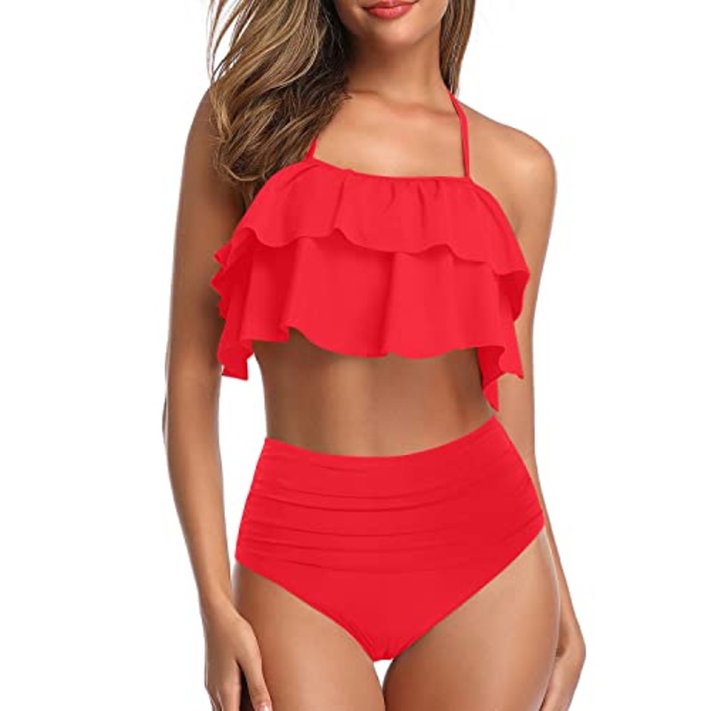 Flattering Ruffle Halter Bikini Set Tummy Control Bottoms For Teen Girls-Neon Red