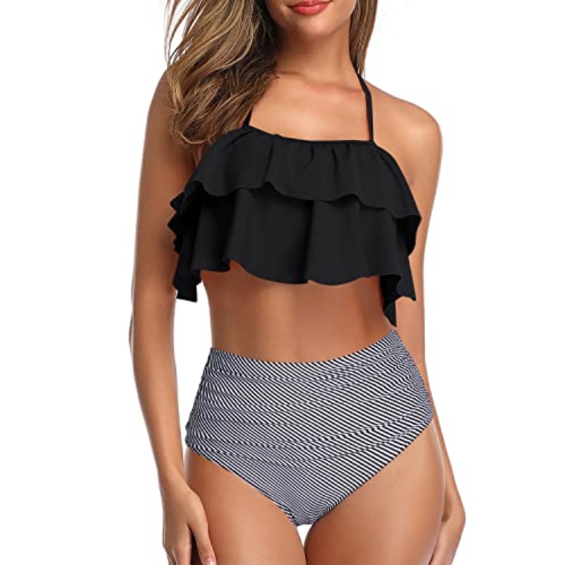 Flattering Ruffle Halter Bikini Set Tummy Control Bottoms For Women-Black Stripe