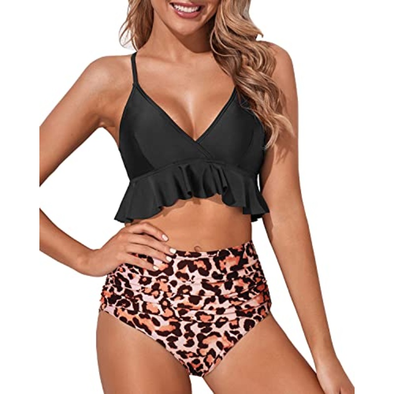 Flattering Tummy Control Ruffle High Waisted Bikini Ruched-Black And Leopard
