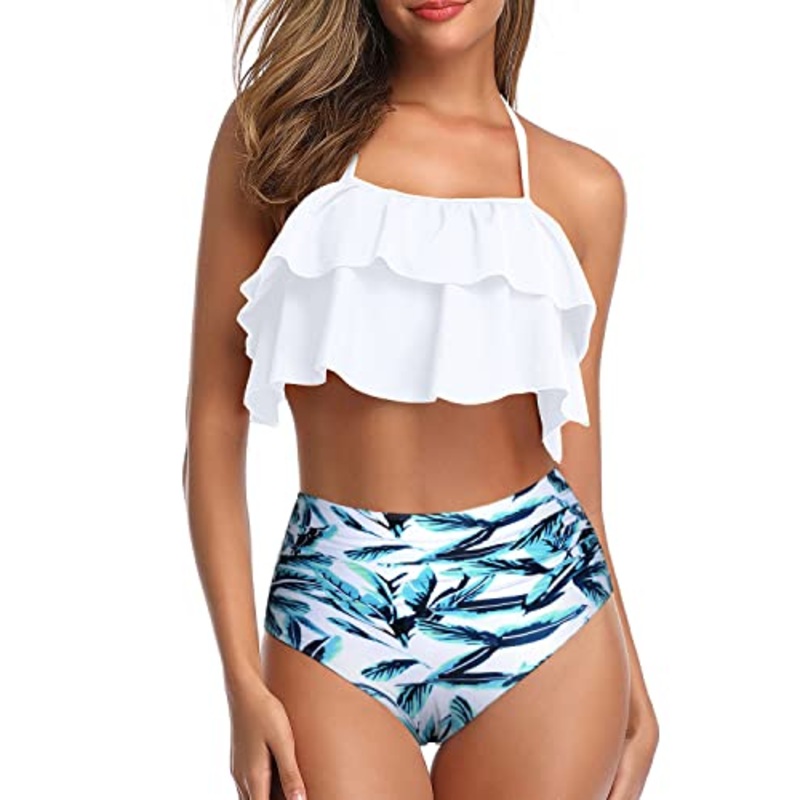 Flattering Two Piece Ruffle High Waisted Bikini-White Leaf