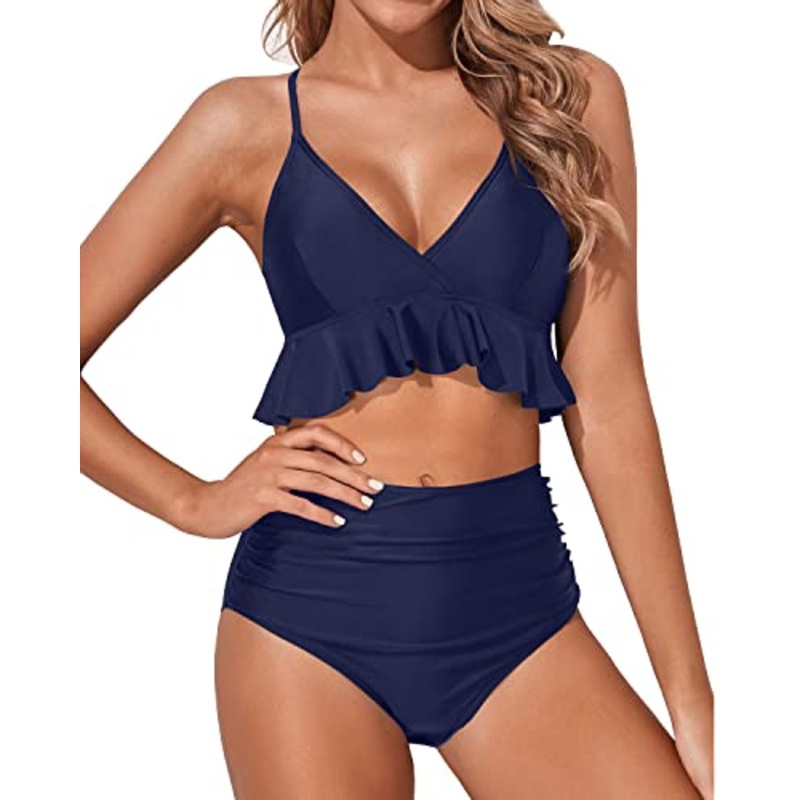 Flirty Ruffle Two Piece Tummy Control Bikini For Women-Navy Blue