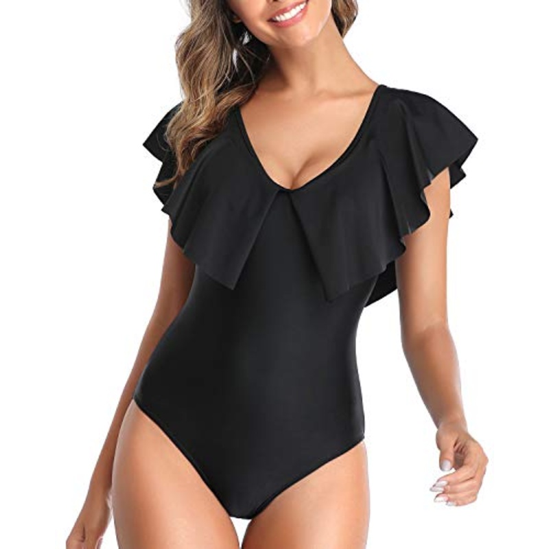 Flounce Sleeve V Neck One Piece Swimsuit For Women-Black