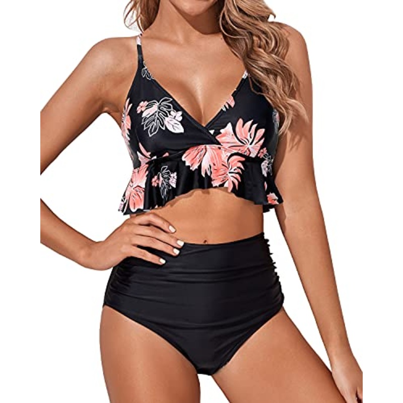 Flouncy Ruffle High Waisted Bikini Swimsuits Deep V Neck-Black Orange Floral