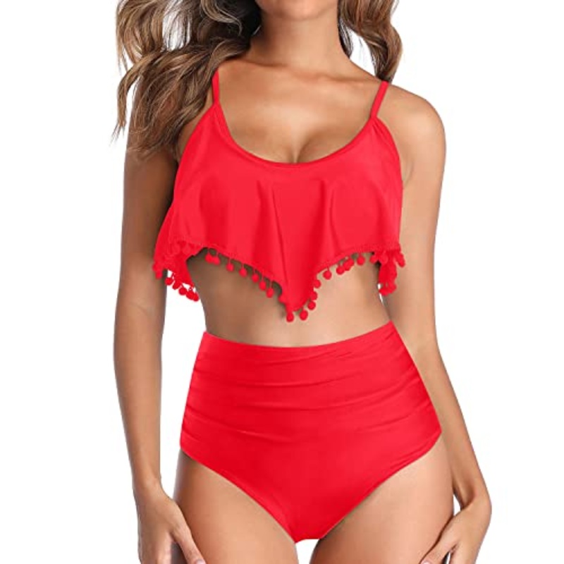 Full Coverage Tummy Control Two Piece Bikini Swimsuit-Neon Red