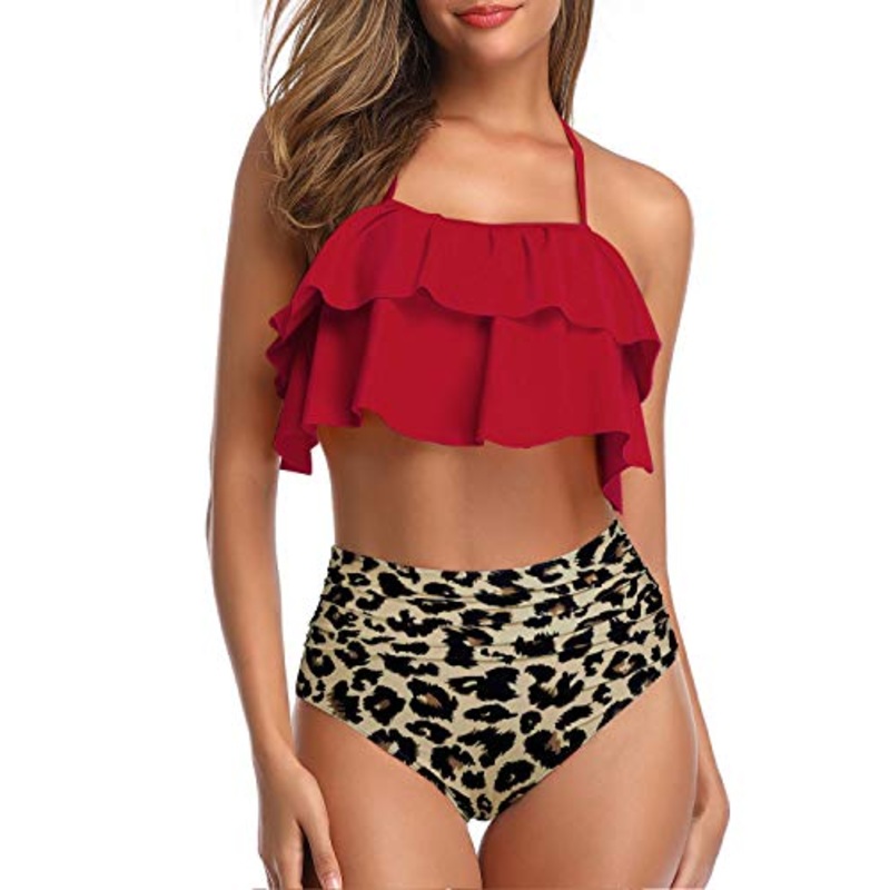 Glamorous Halter Bikini Set Backless Design For Women-Red And Leopard
