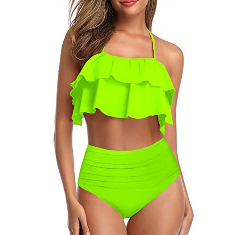 Glamorous High Waisted Bikini Set Tiered Ruffles For Women-Neon Green