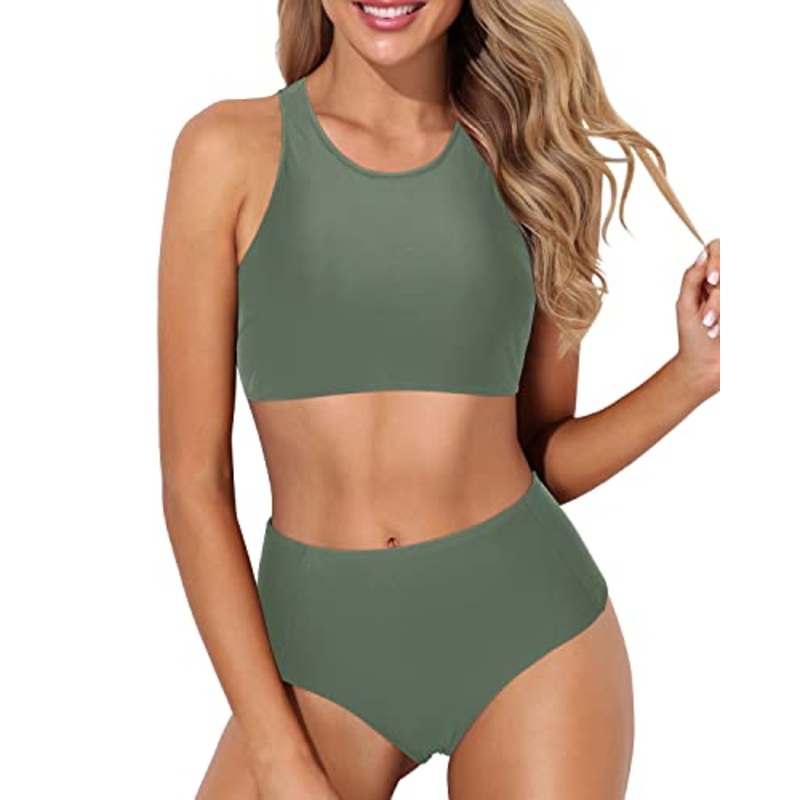 High Neck Sporty Bikini Set Removable Padded Bra-Army Green