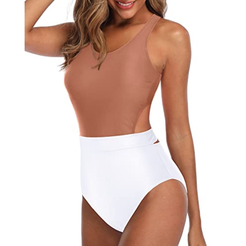 High Waist Bottoms Slimming Women One Piece Swimsuits-Brown And White