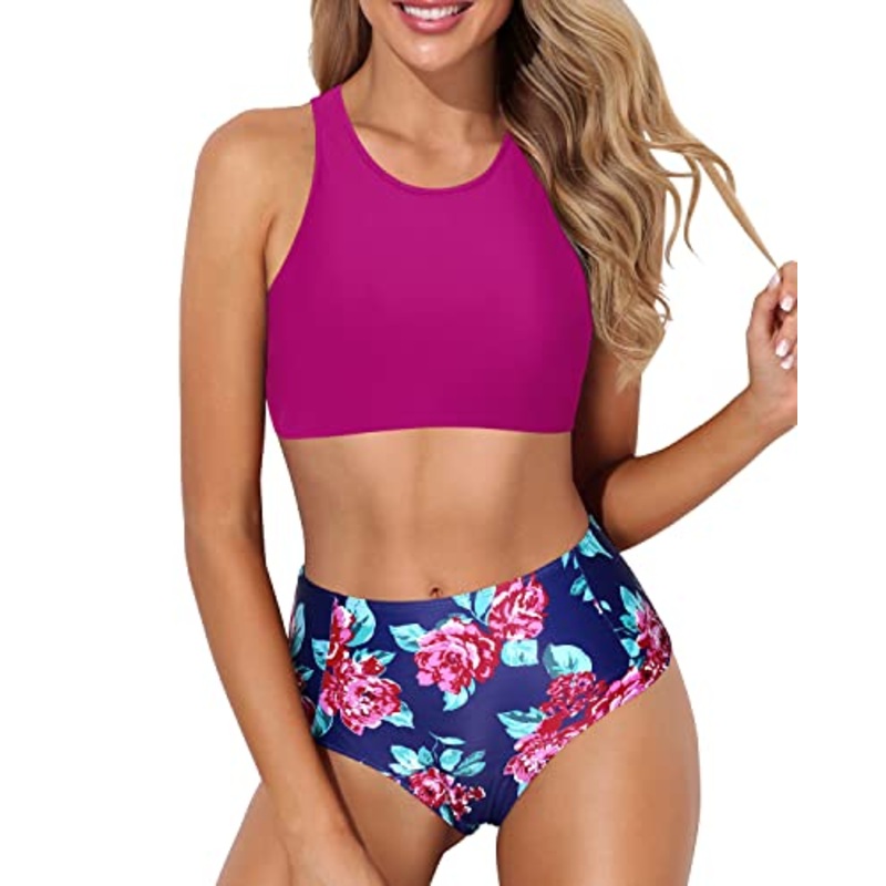 High Waisted Athletic Racerback Two Piece Bikini Set-Pink Floral