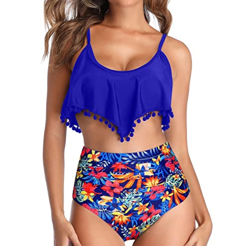 High Waisted Bikini Ruffle Swimsuit Bottoms Ruched High Rise Bottom-Royal Blue Floral