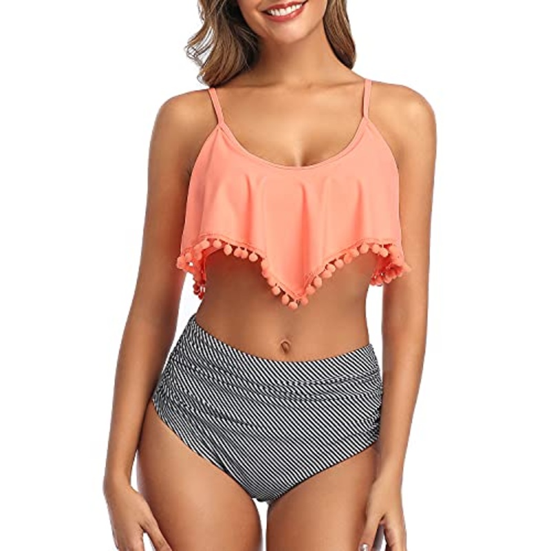 High Waisted Bikini Set Ruffle And Ruched High Rise Bottom-Coral Pink Stripe