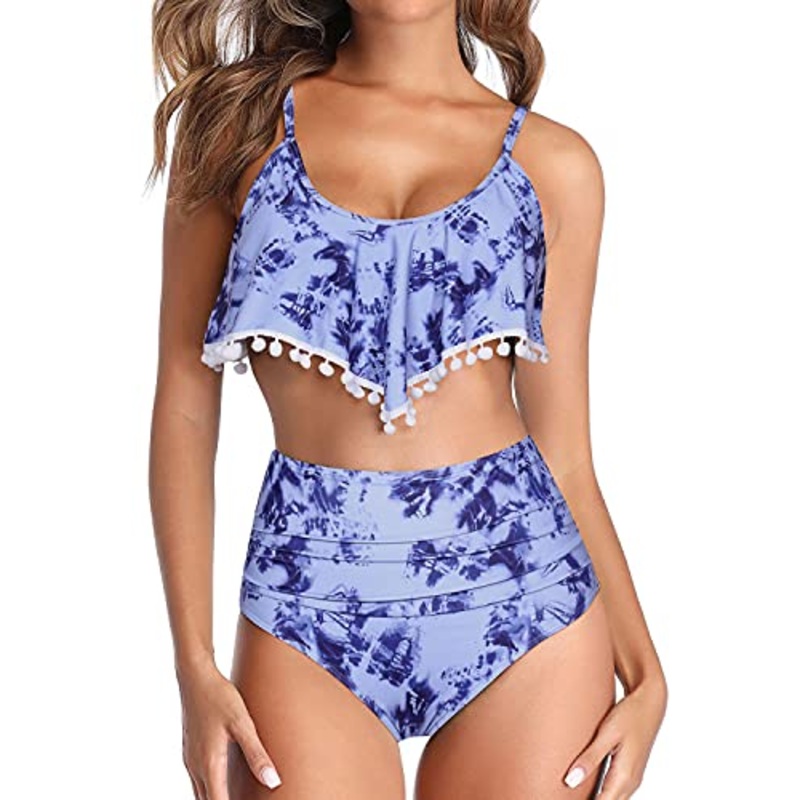 High Waisted Ruffle Trim Two Piece Bikini Swimsuit-Blue Tie Dye