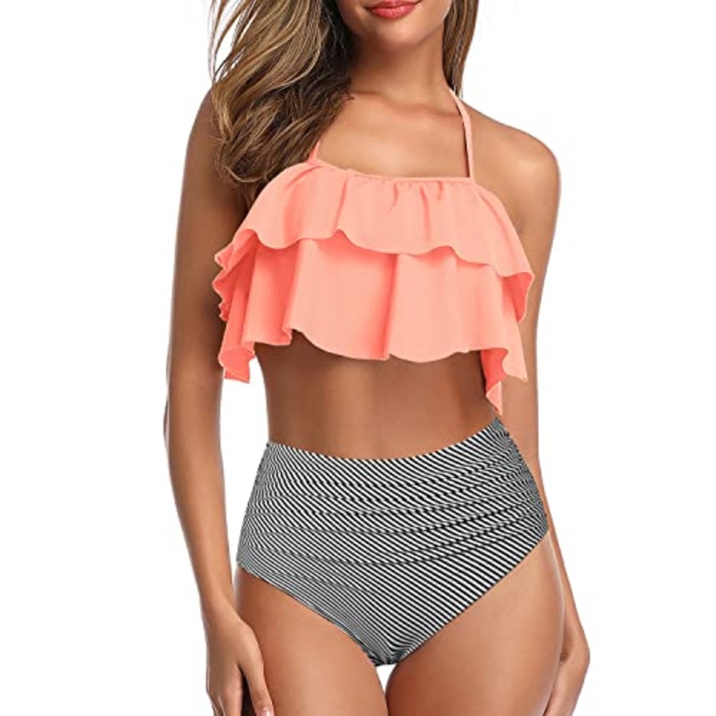 High Waisted Two-Piece Bikini Set Ruffle Tummy Control-Coral Pink Stripe