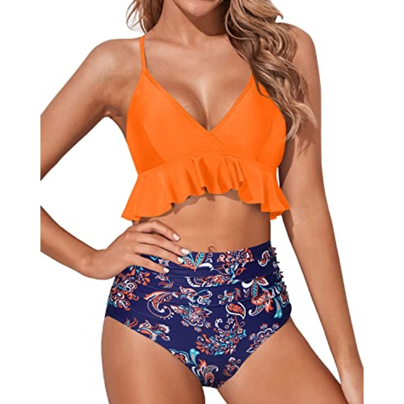 High Waisted Two Piece Tummy Control Bikini For Women-Orange And Blue