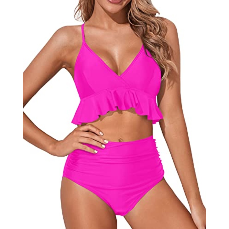 Honeymoon-Perfect Bikini Set Deep V Neck And Tummy Control-Neon Pink