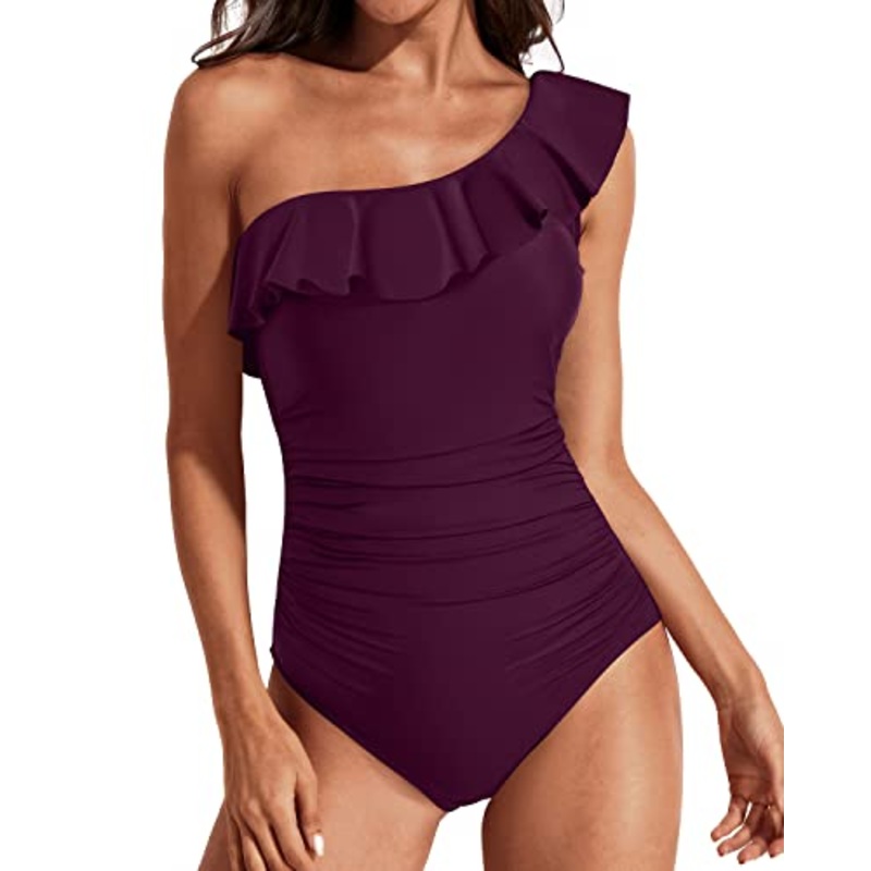 Modern Asymmetric Neckline One Shoulder Swimwear-Maroon