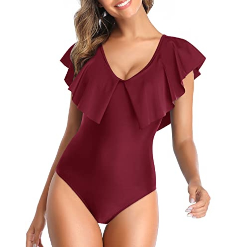 Modest Coverage Flounce Sleeve V Neck One Piece Swimsuit-Maroon
