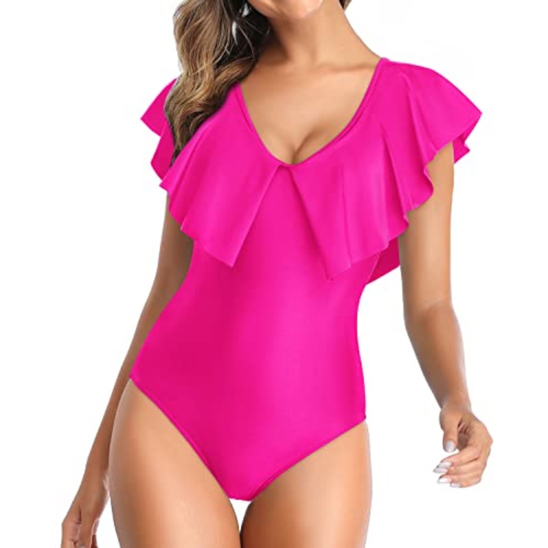 Modest Coverage One Piece Swimsuit For Women-Neon Pink