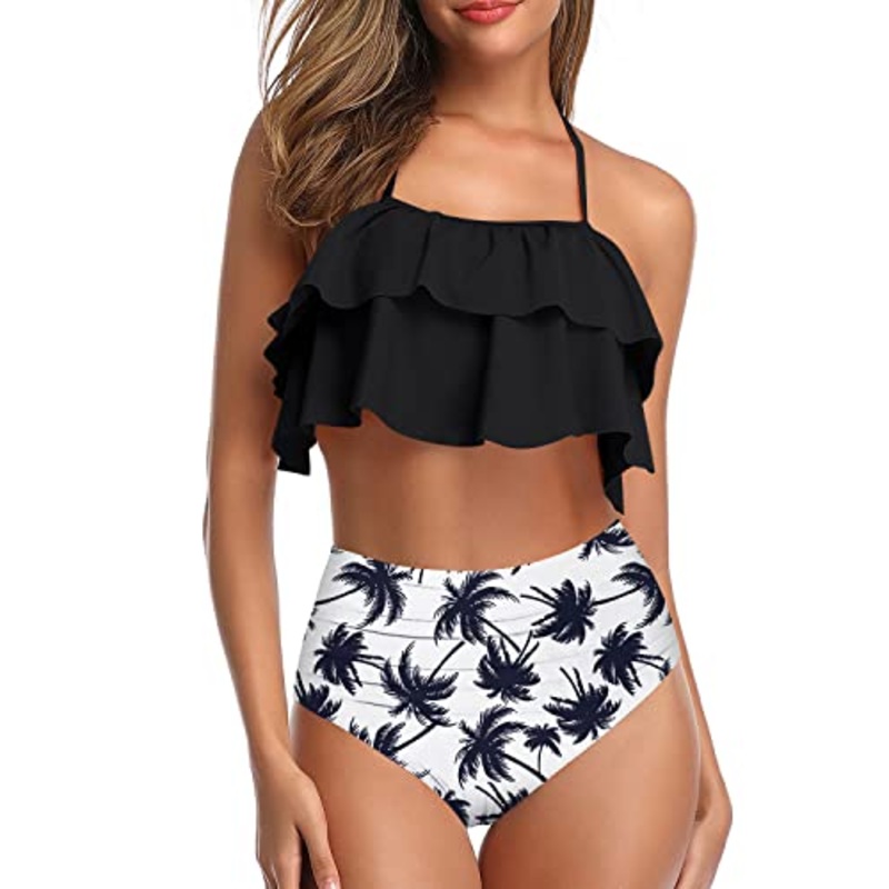 Modest High Waisted Two Piece Swimsuit Tiered Ruffles For Girls-Black Palm Tree