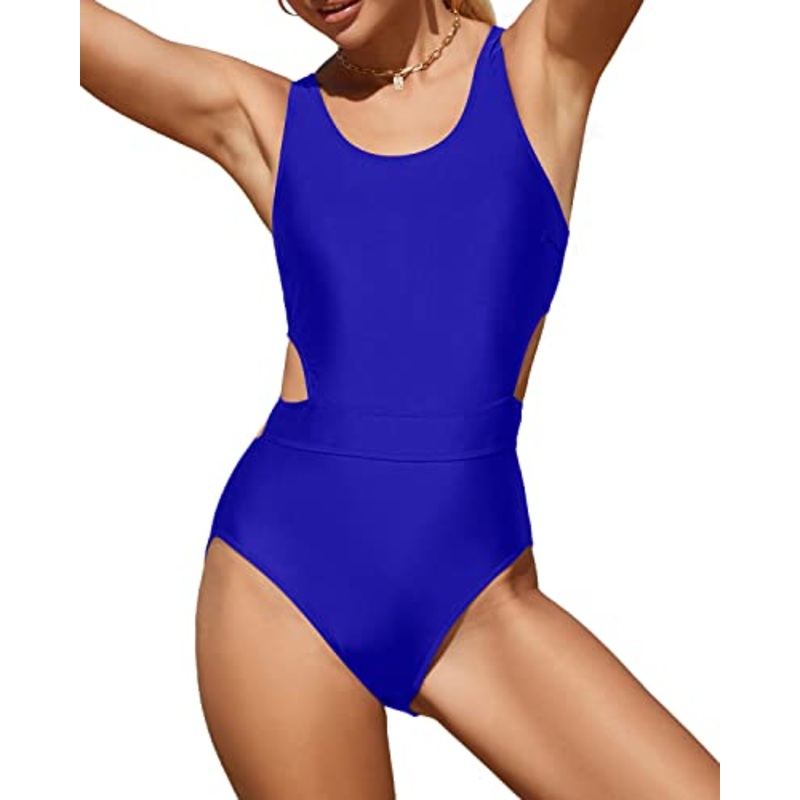 Modest One Piece Swimsuit Tummy Control Cutout Monokini-Royal Blue