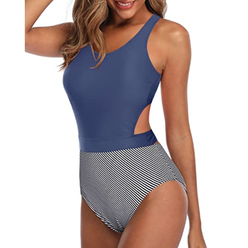 Modest Swimsuit Flattering Women One Piece Swimsuits-Blue White Stripe
