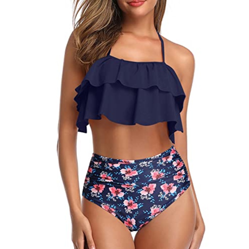 Modest Vintage Halter Two Piece Swimsuits Removable Padded Bra-Navy Blue Floral