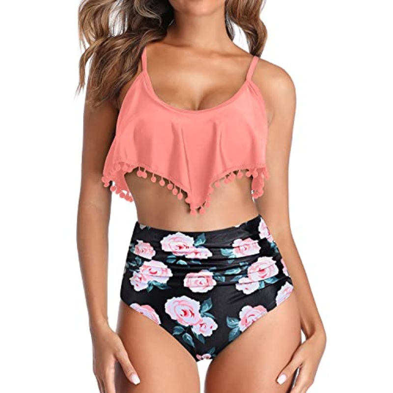 Pom Pom Trim Bathing Suit Two Piece Bikini Swimsuit-Coral Pink Floral