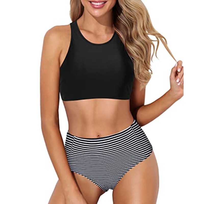 Racerback High Neck Sporty Bikini Set High Waisted Bottom-Black Stripe