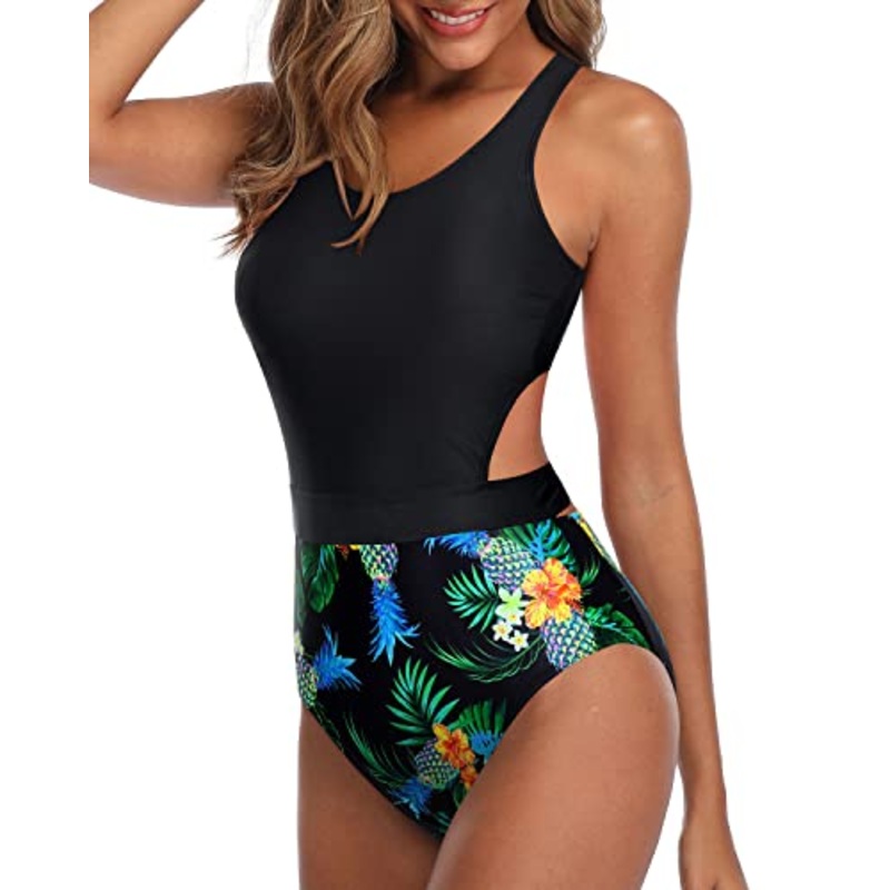 Racerback Zip Closure Tummy Control Women One Piece Swimsuits-Black Pineapple