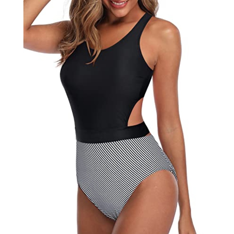Removable Padded Bras Support Women One Piece Swimsuits-Black Stripe