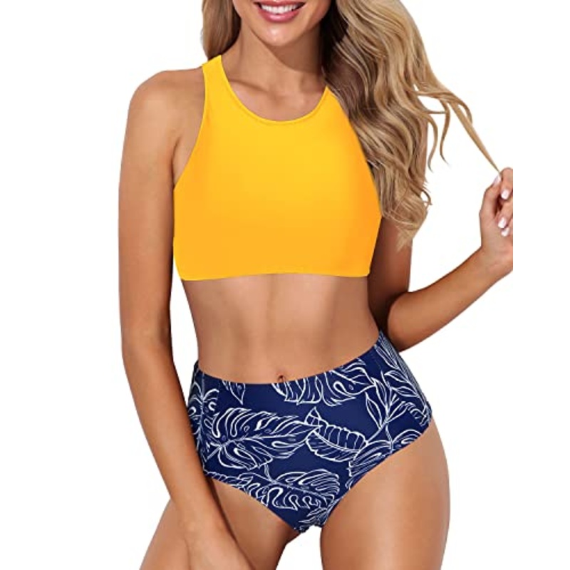 Removable Padded High Neck Racerback Two Piece Bikini Set-Yellow And Blue Leaf
