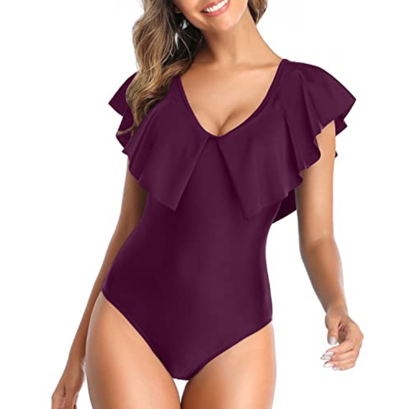 Removable Padded Push Up Bras One Piece Swimsuit For Women-Maroon