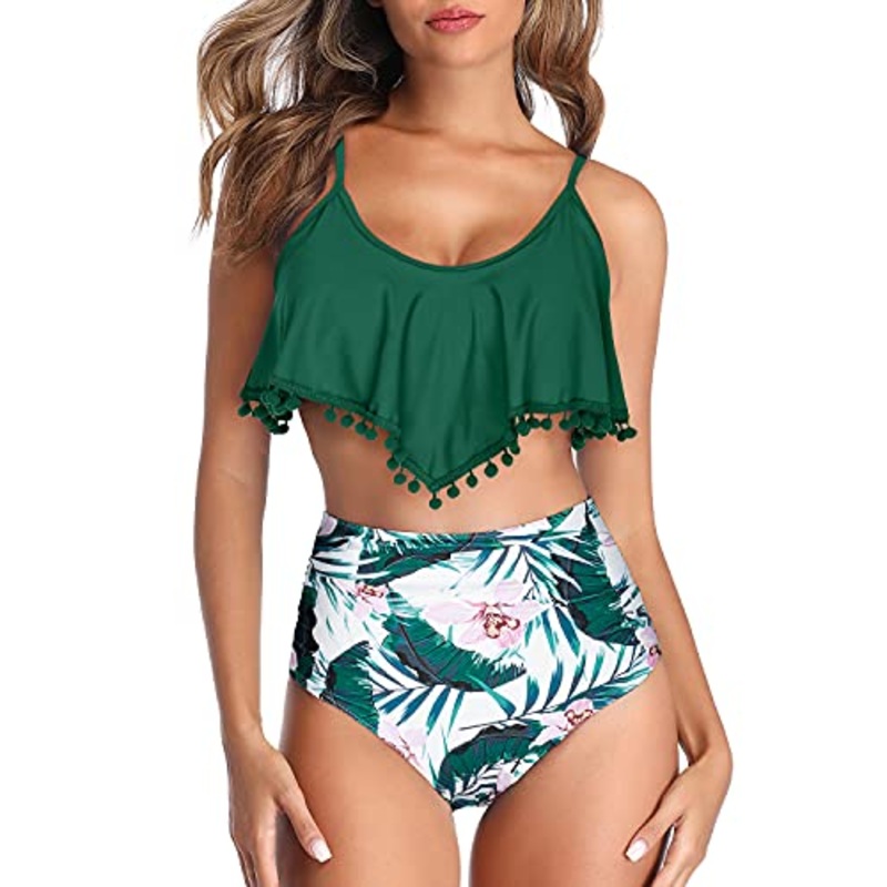 Ruched High Rise Bottom Coverage High Waisted Bikini-Green Tropical Floral
