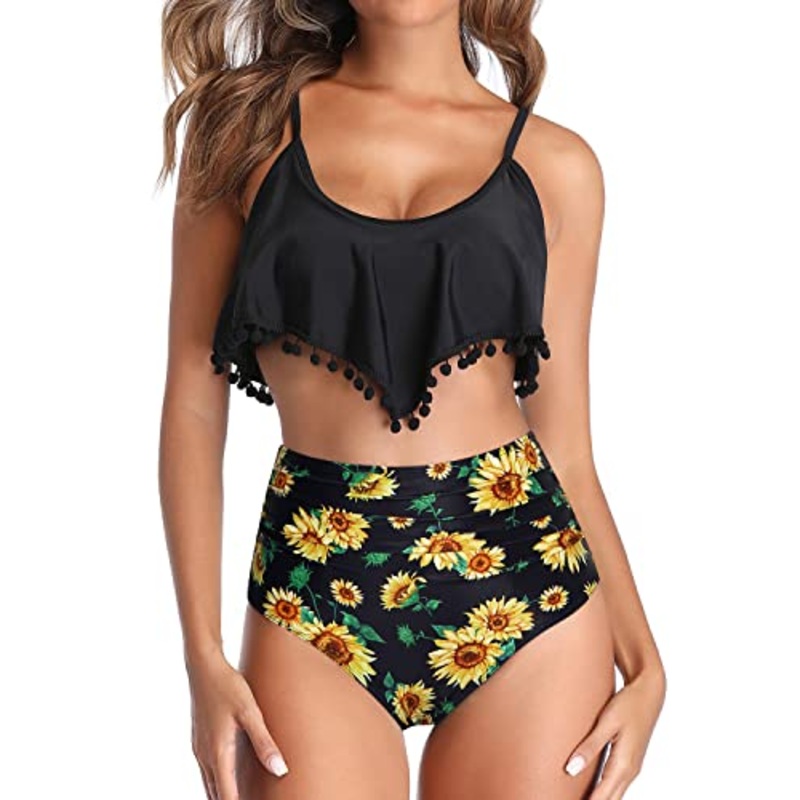 Ruffle Flounce Pom Pom Trim Two Piece Bikini Swimsuit-Black Sunflower