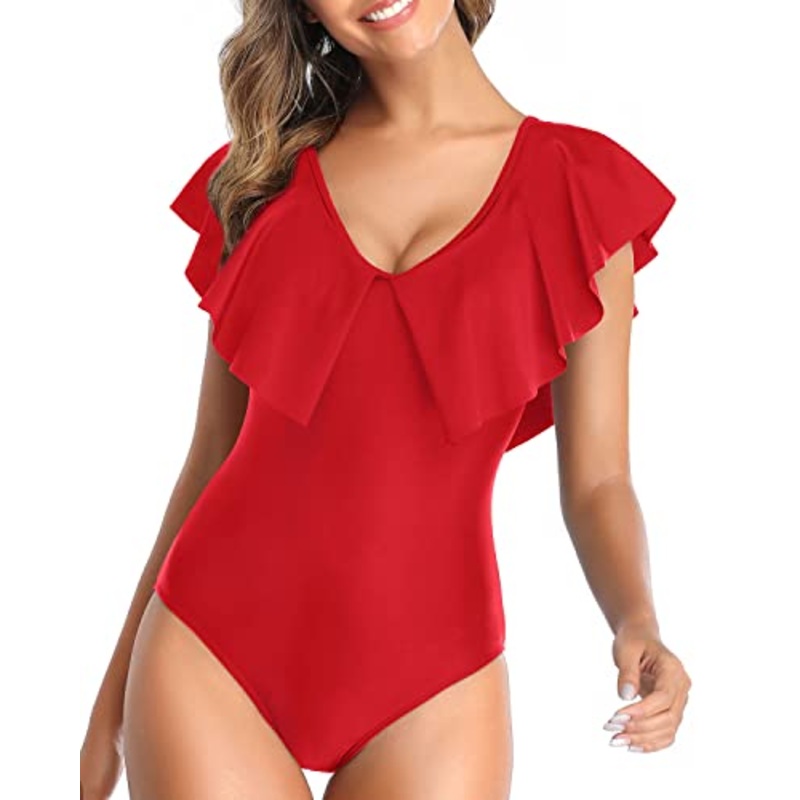 Ruffle Shoulders One Piece Swimsuit For Women-Red