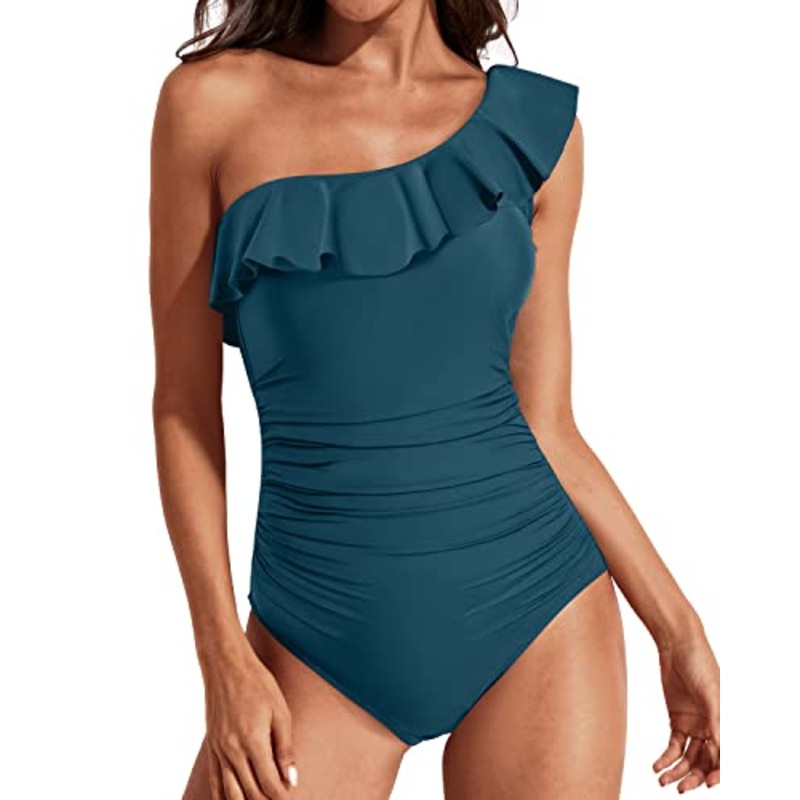 Sexy One Piece Bathing Suits One Shoulder Swimwear-Teal
