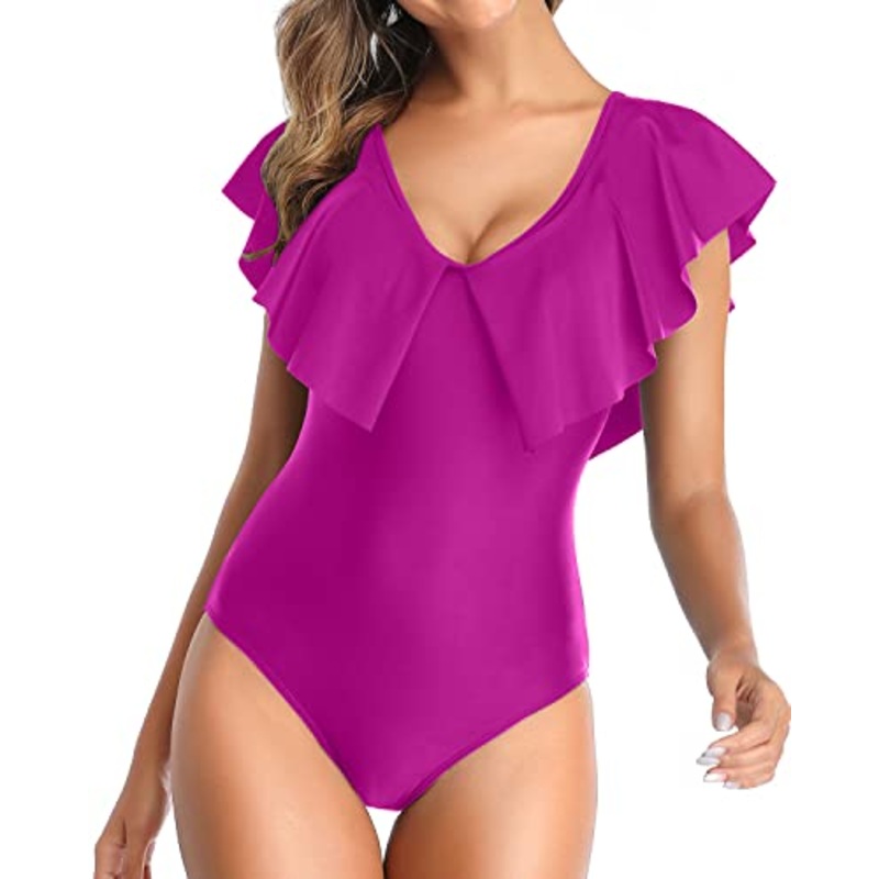 Sexy Style Ruffle One Piece Swimsuit For Women-Hot Pink