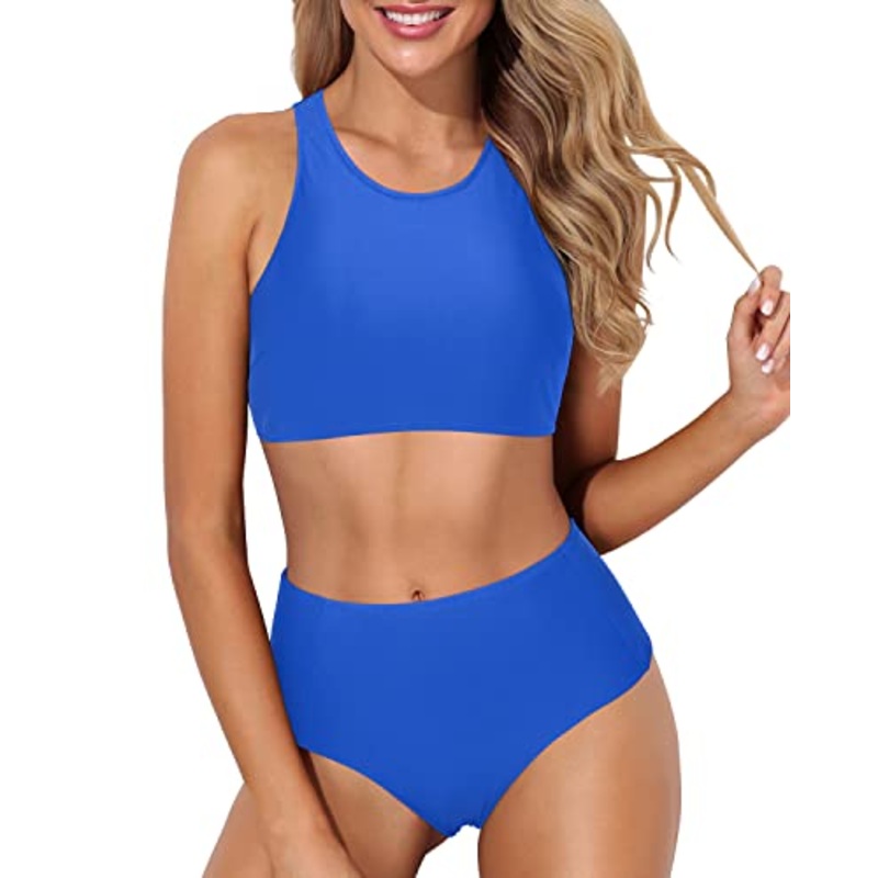 Sporty High Neck Racerback Two Piece Bikini Set-Bright Royal Blue