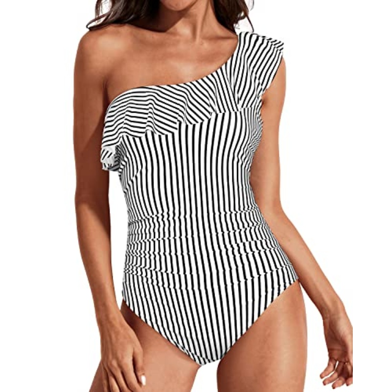Striped Women's Tummy Control Ruffle One Shoulder Swimsuit-Black And White Stripe