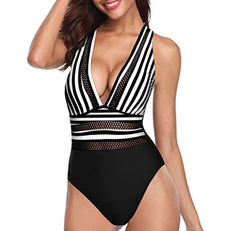 Stunning Hollow Out Deep V Neck Criss-Cross Back Swimsuits-Black And White Stripe