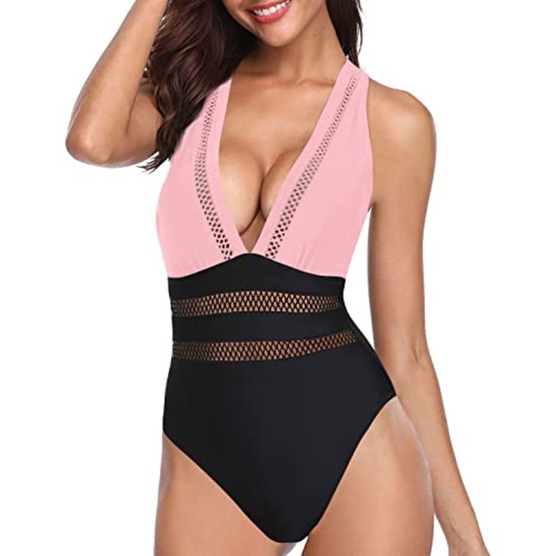 Stunning Hollow Out Deep V Neck One Piece Swimsuits-Pink And Black