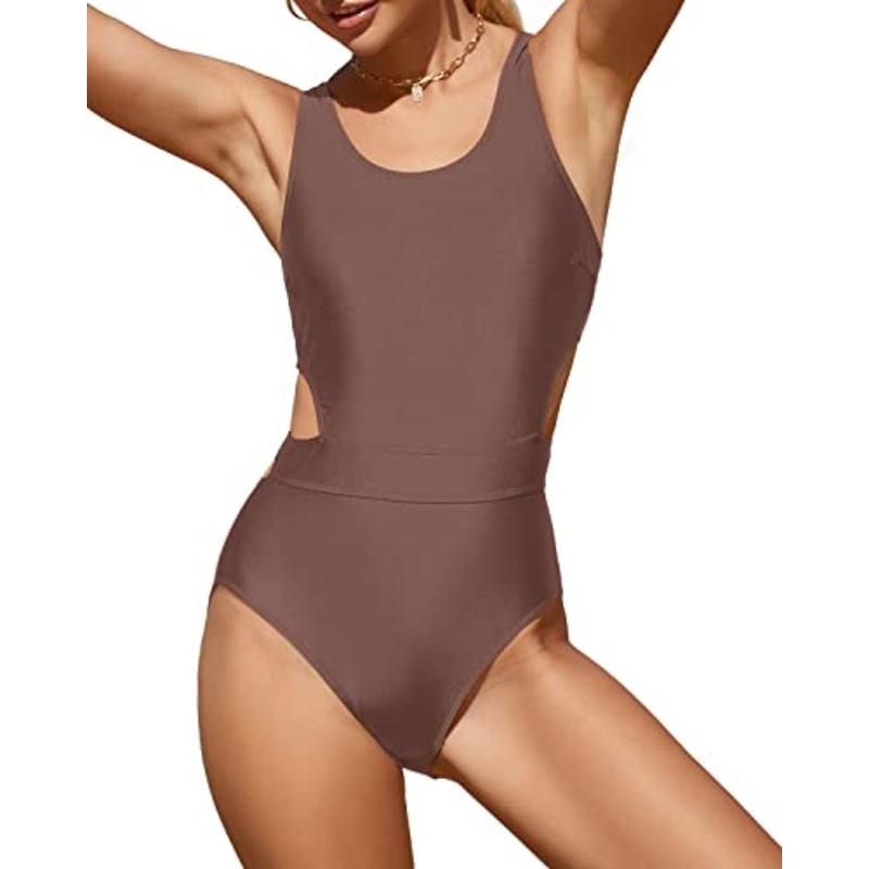 Stylish Teen Girls Tummy Control Cutout Monokini-Light Brown