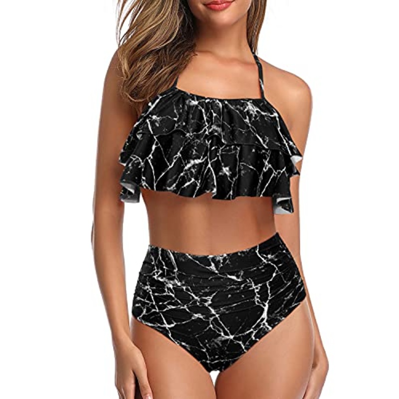 Sultry Backless Two Piece Swimsuits Ruffled Halter Top For Teens-Black Marble