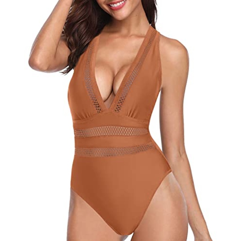 Sultry See Through Long Torso Monokini Bathing Suit-Brown