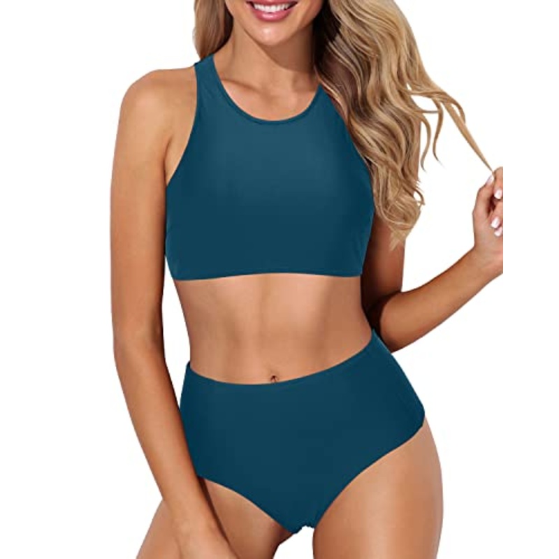 Tank Style Sporty High Waisted Bikini Set Full Coverage Bottom-Teal