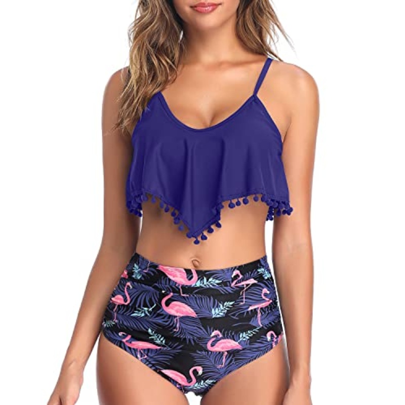 Tassel Trim Chic Tropical High Waisted Bikini-Blue Flamingo