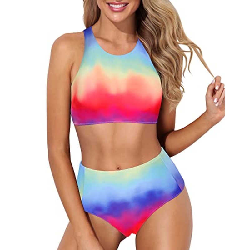 Teen Girls' High Neck Racerback Two Piece Bikini Set-Color Tie Dye
